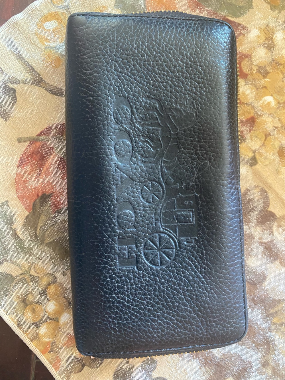 Coach Black Pebbled Leather Zip Wallet with Embossed Carriage Redwood inside